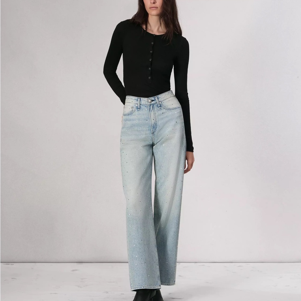 NEW RAG & BONE Logan Wide Leg Jeans in Missy With Rhinestone Jewel sz 29 $358 - Picture 7 of 12